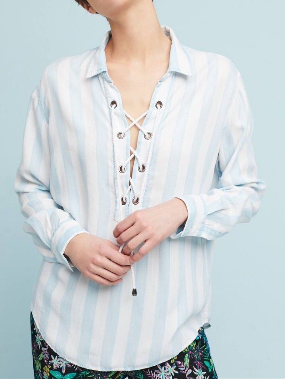 Anthropologie Rails Uli Blue & White Striped Lace Up Tencel Long Sleeve Shirt
